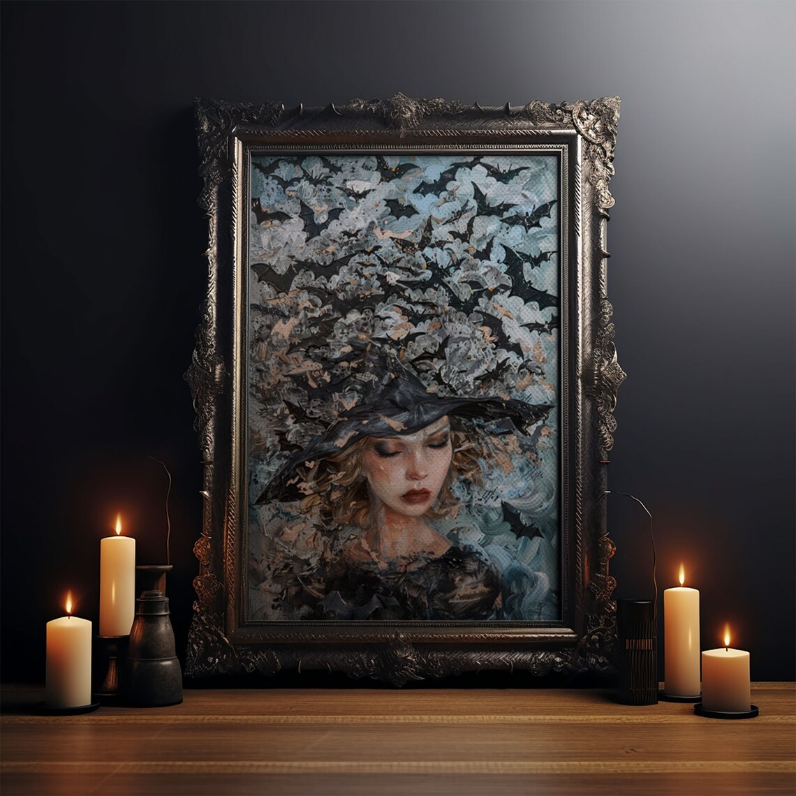 Witch In Bat Swarm Spooky Halloween Art Print - Image 4