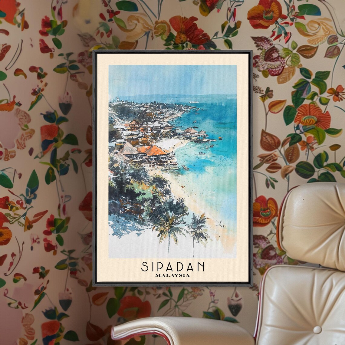 Sipadan Malaysia Aerial Coastal Town Beach Turquoise Water Boats Poster