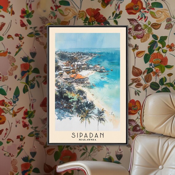Sipadan Malaysia Aerial Coastal Town Beach Turquoise Water Boats Poster