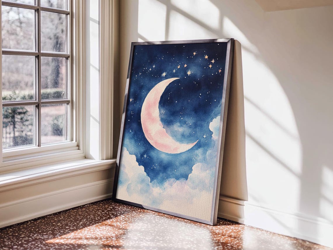 Pink Crescent Moon Watercolor Print Starry Night Sky Wall Art Poster