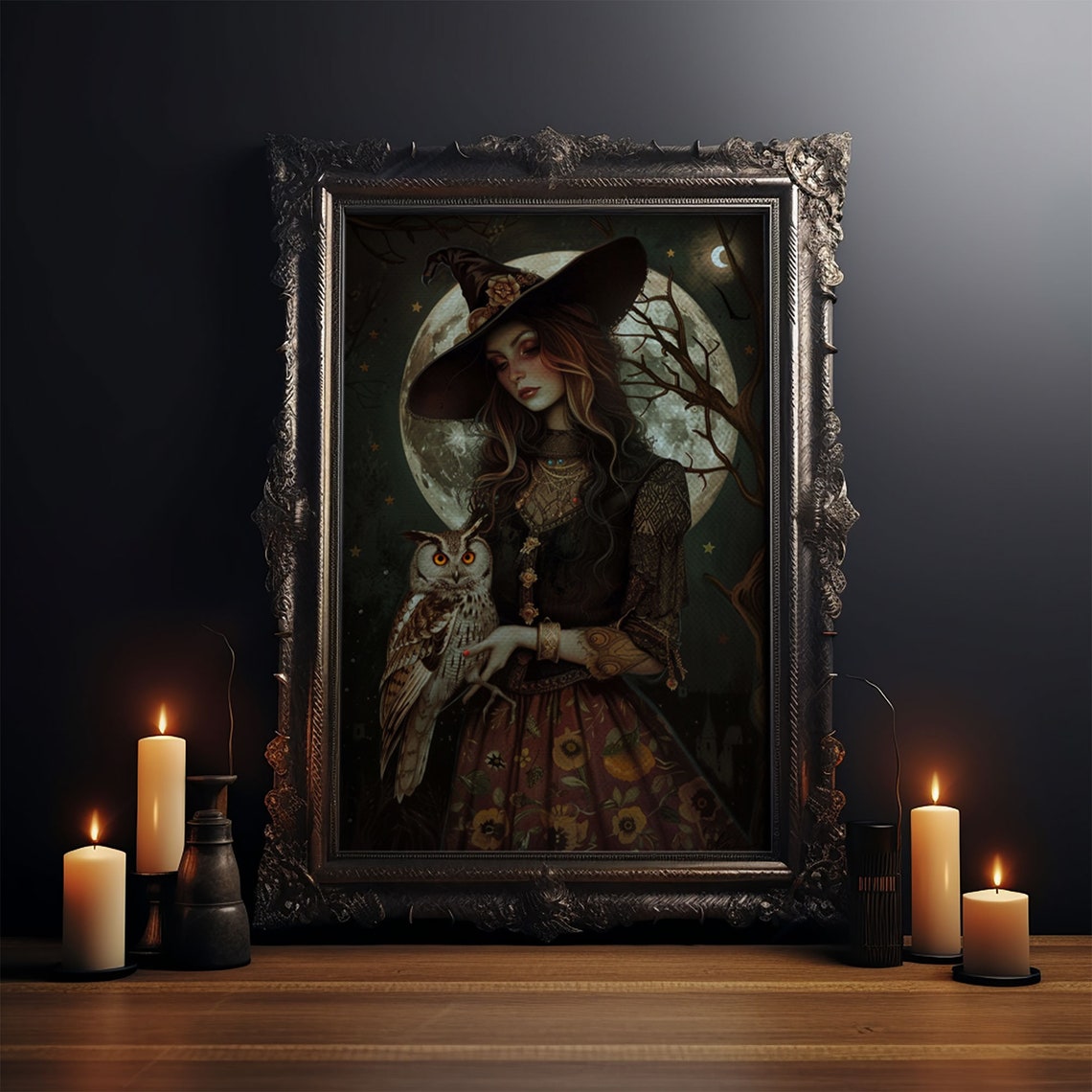Witch Holding Barn Owl Under Full Moon Dark Forest Gothic Art Poster - Image 4