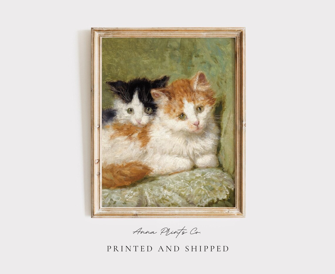 Two Kittens Sitting on a Cushion Vintage Art Print
