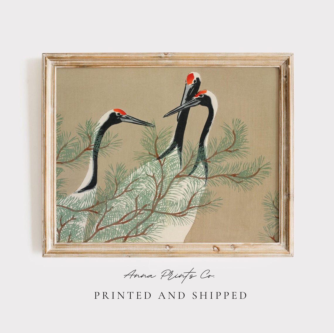 Japanese Red Crowned Cranes With Pine Branches Vintage Bird Art Print