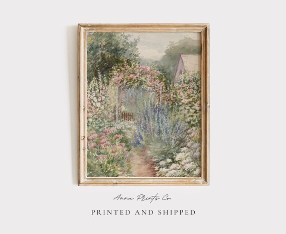 Flower Garden Vintage Watercolor Art Print, Cottagecore