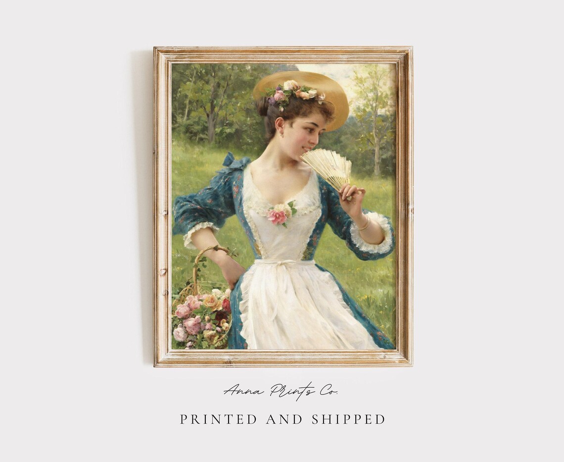 Woman With Basket of Roses Vintage Painting Print Cottagecore Wall Art