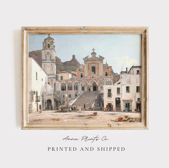 Amalfi Italy Vintage Cityscape, Mediterranean Art Print