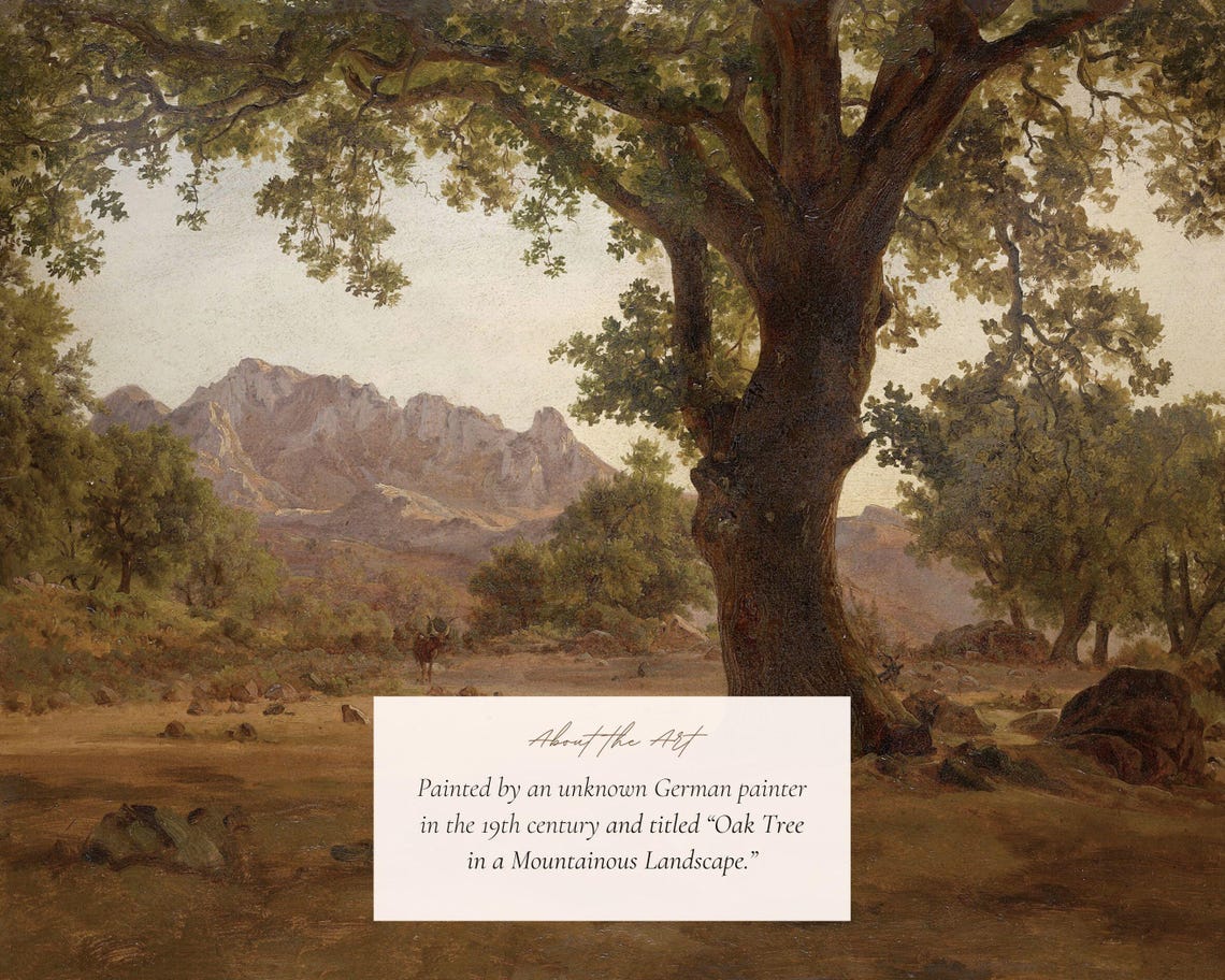 Ancient Oak Tree With Distant Mountains Antique Landscape Art Print - Image 2