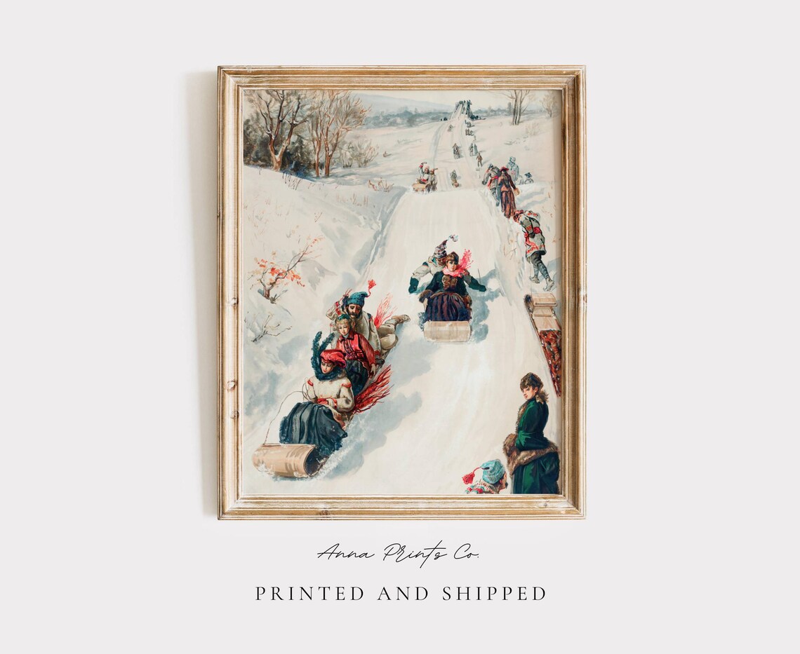 Sledding Hill Vintage Winter Landscape Art Print