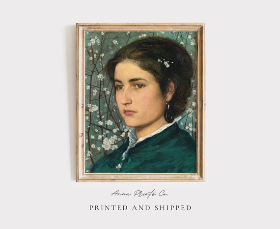 Young Woman Portrait Vintage Painting Print Blossom Background Wall Art