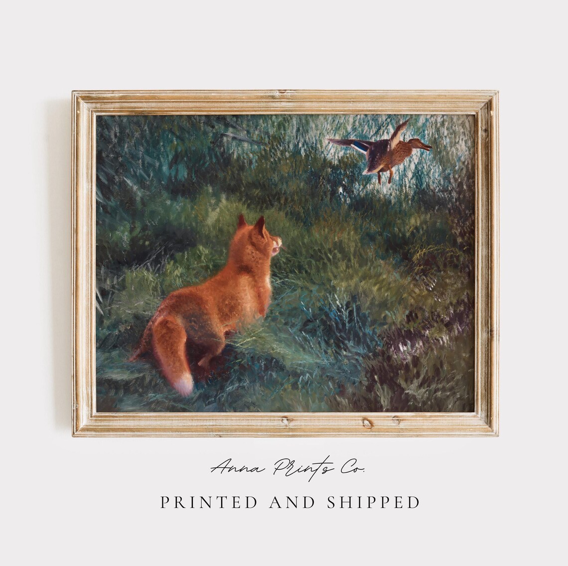 Vintage Fox and Mallard Painting, Animal Art Print