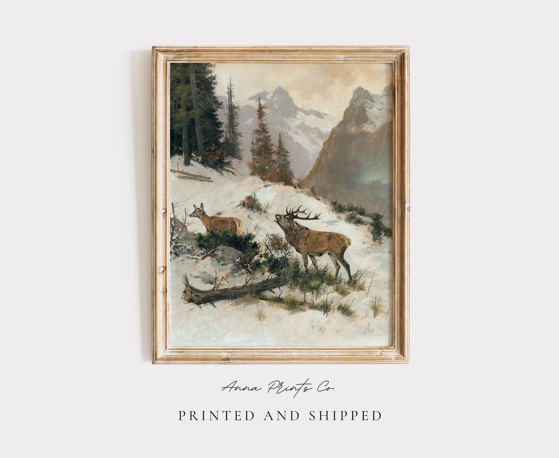 Roe Deer Winter Landscape, Vintage Christmas Art Print