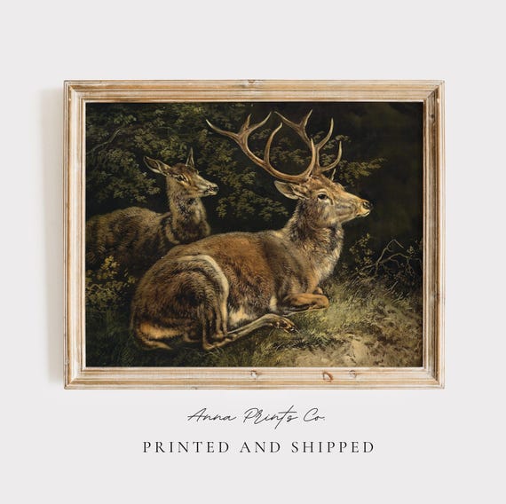 Antique Deer Painting, Rustic Vintage Wall Art Print
