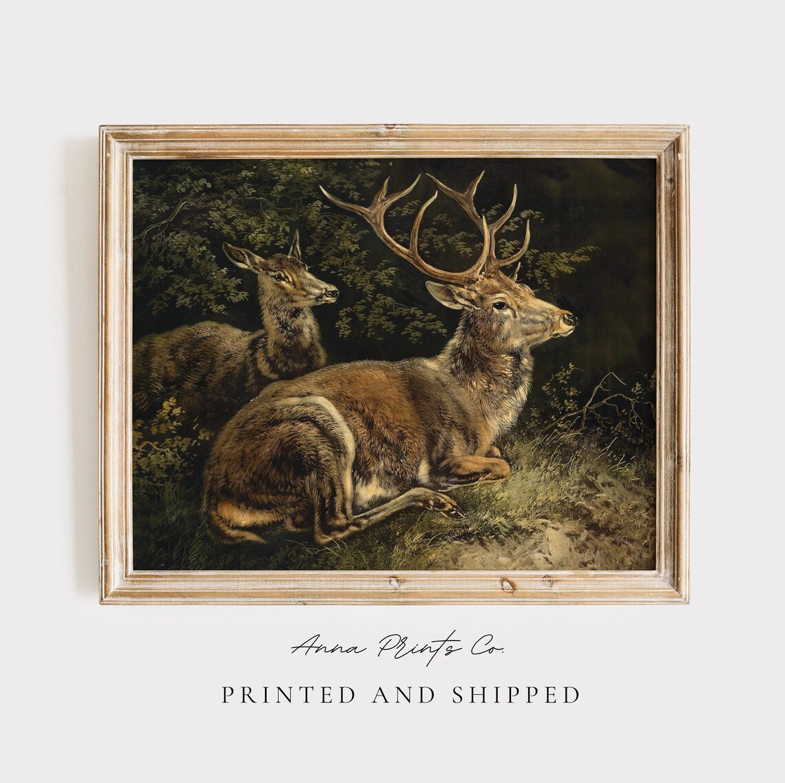 Antique Deer Painting, Rustic Vintage Wall Art Print