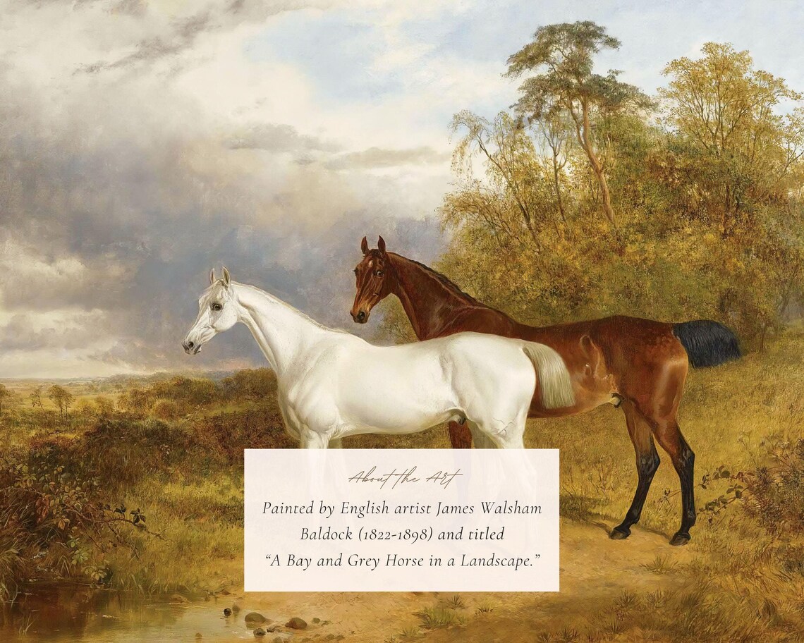 Vintage Bay And Grey Horse Landscape Art Print - Image 2
