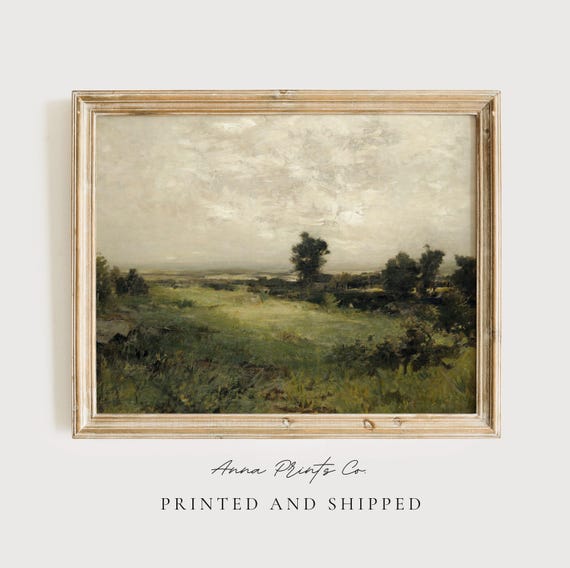 Antique Green Valley Landscape Art Print, Vintage