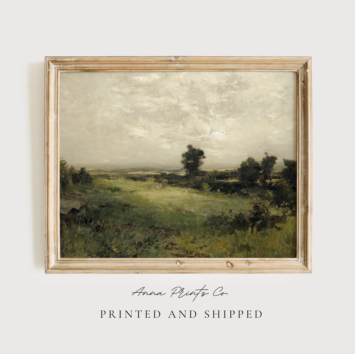 Antique Green Valley Landscape Art Print, Vintage