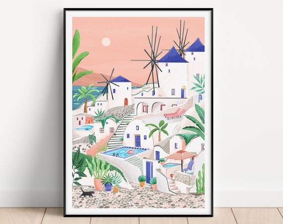 Mykonos Greece Santorini Travel Poster, Bedroom Decor