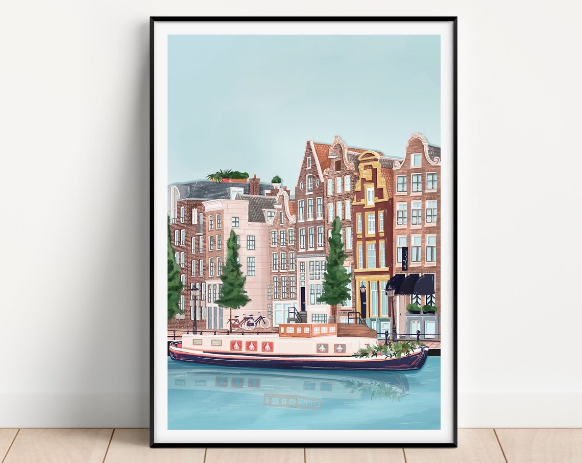 Amsterdam Canal Houseboats Colorful Travel Illustration Poster
