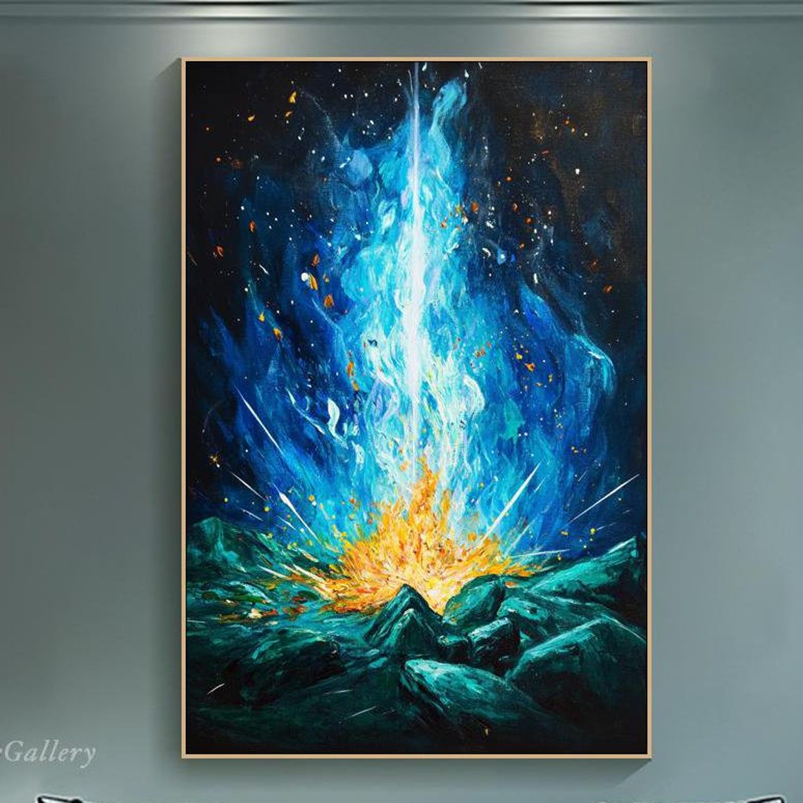 Fire And Sky Painting On 3d Textured Fiery Explosion Wall Art Abstract Blue And Orange Artwork Starry Night Fire Art Living Room Art
