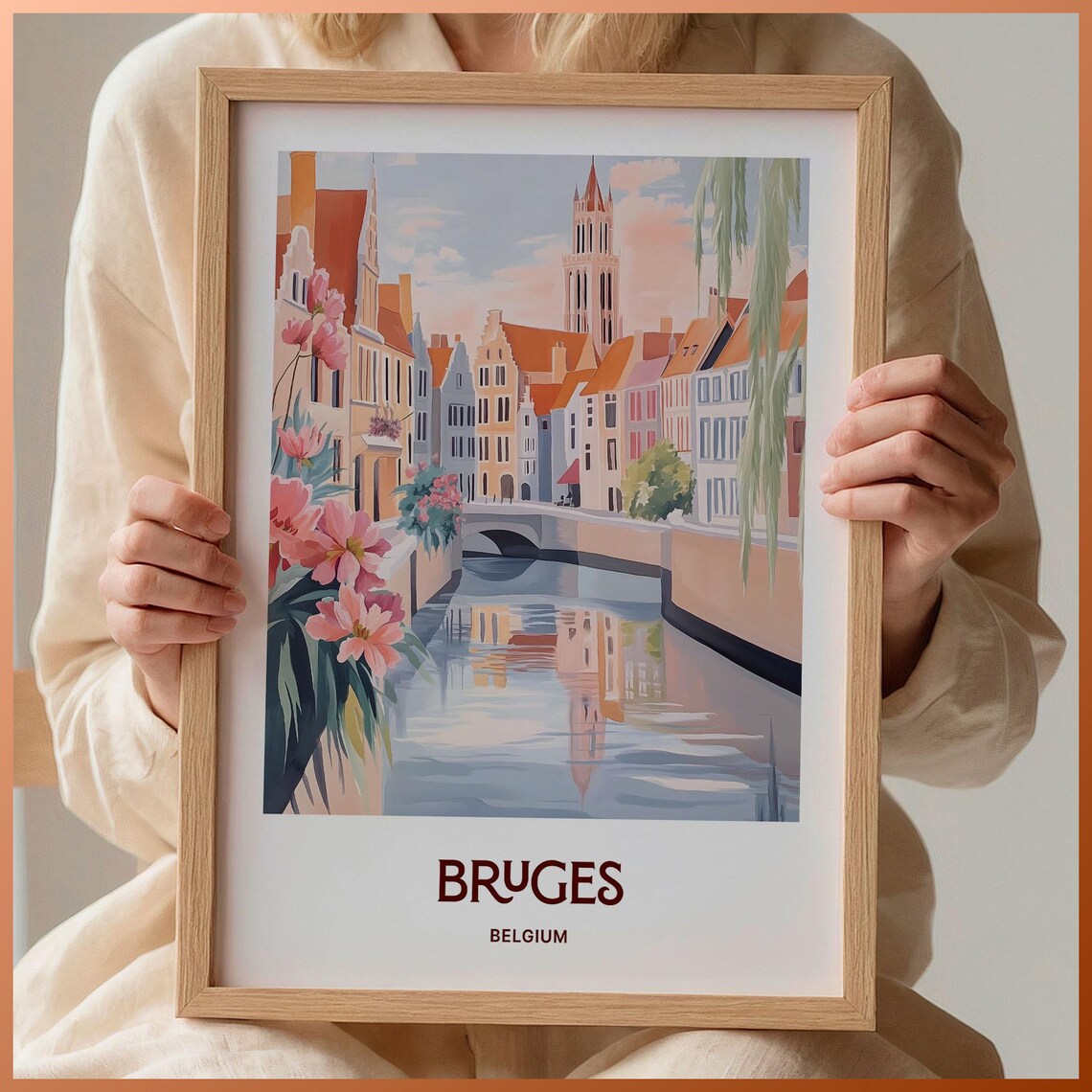 Bruges Belgium Pastel Canal Floral Cityscape Watercolor Poster