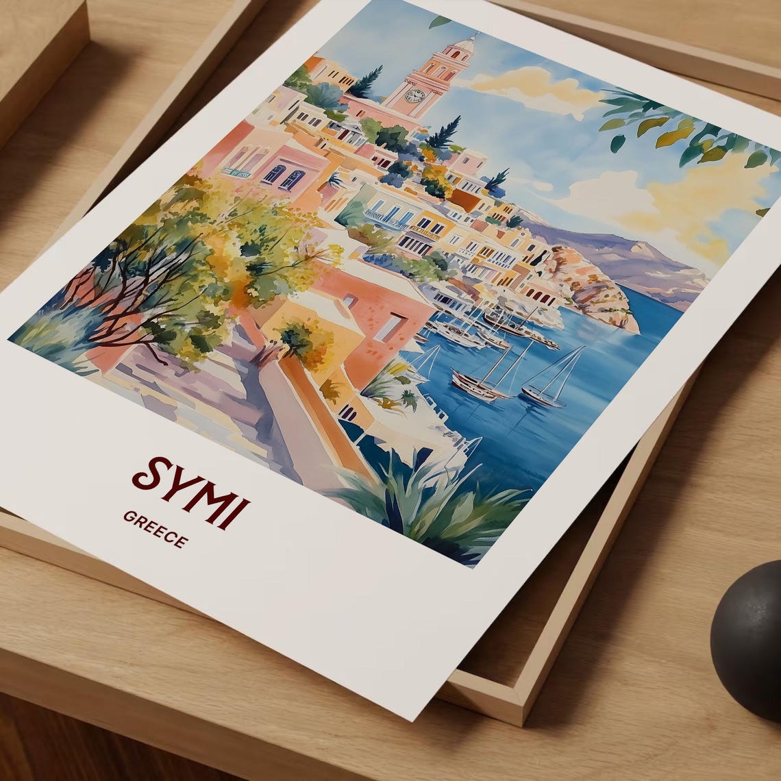 Symi Greece Pastel Harbor Clock Tower Watercolor Travel Poster Island - Image 2