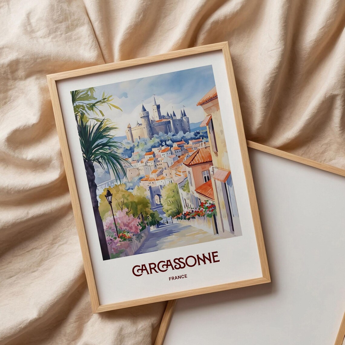 Carcassonne France Watercolor Medieval Castle Old Town Flower Street Poster - Image 3