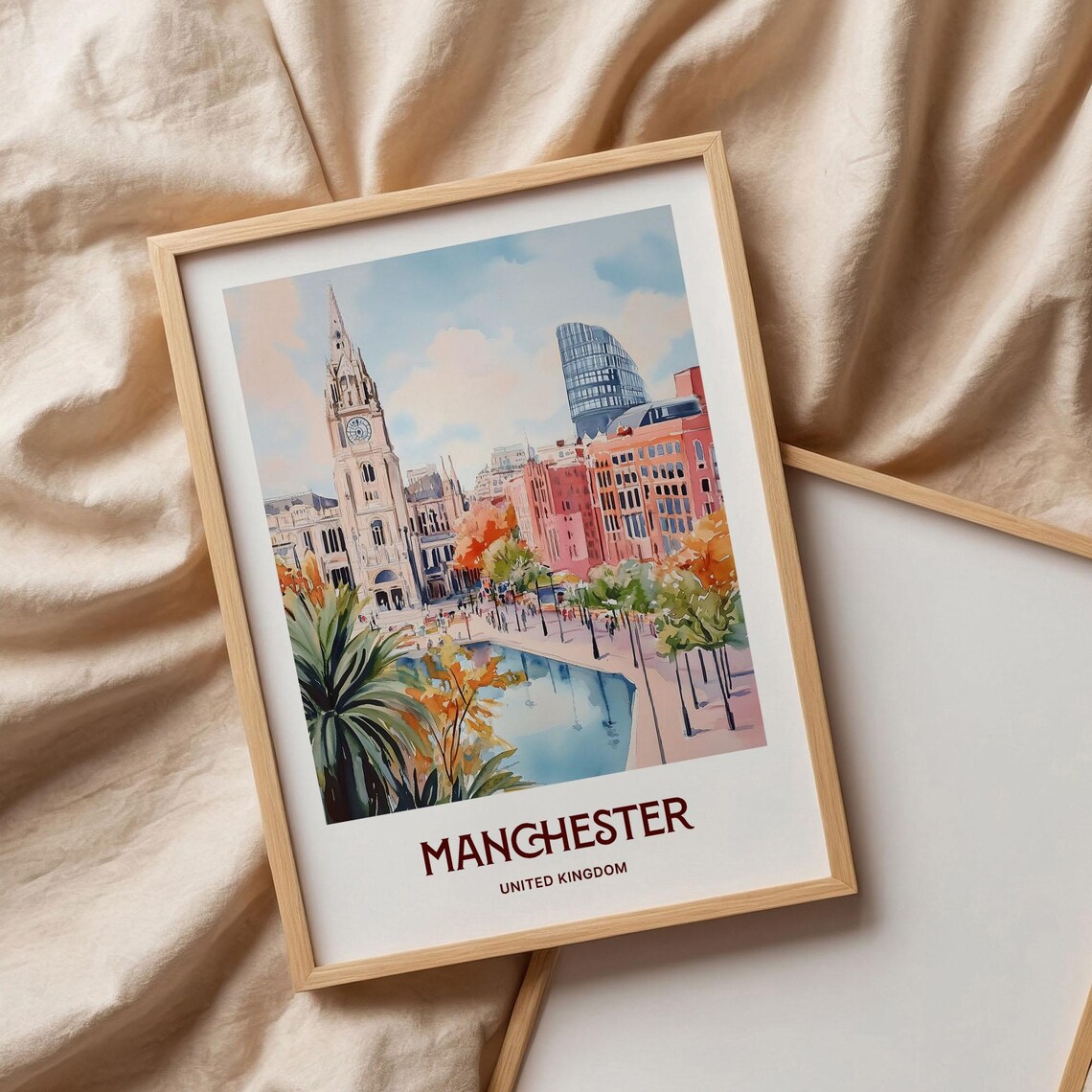 Manchester United Kingdom Town Hall Canal Watercolor Travel Poster - Image 3