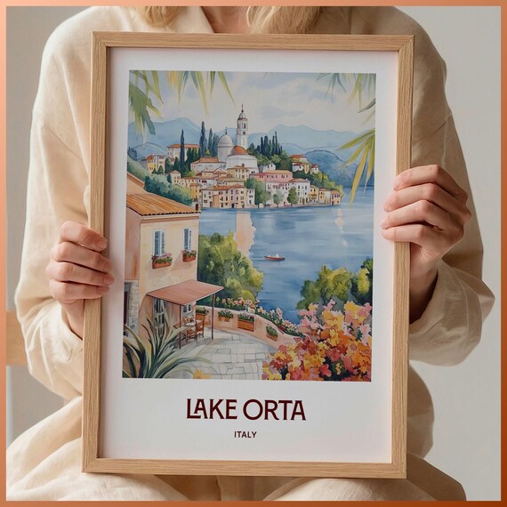 Lake Orta Italy Lakeside Town Bell Tower Boat Watercolor Travel Poster