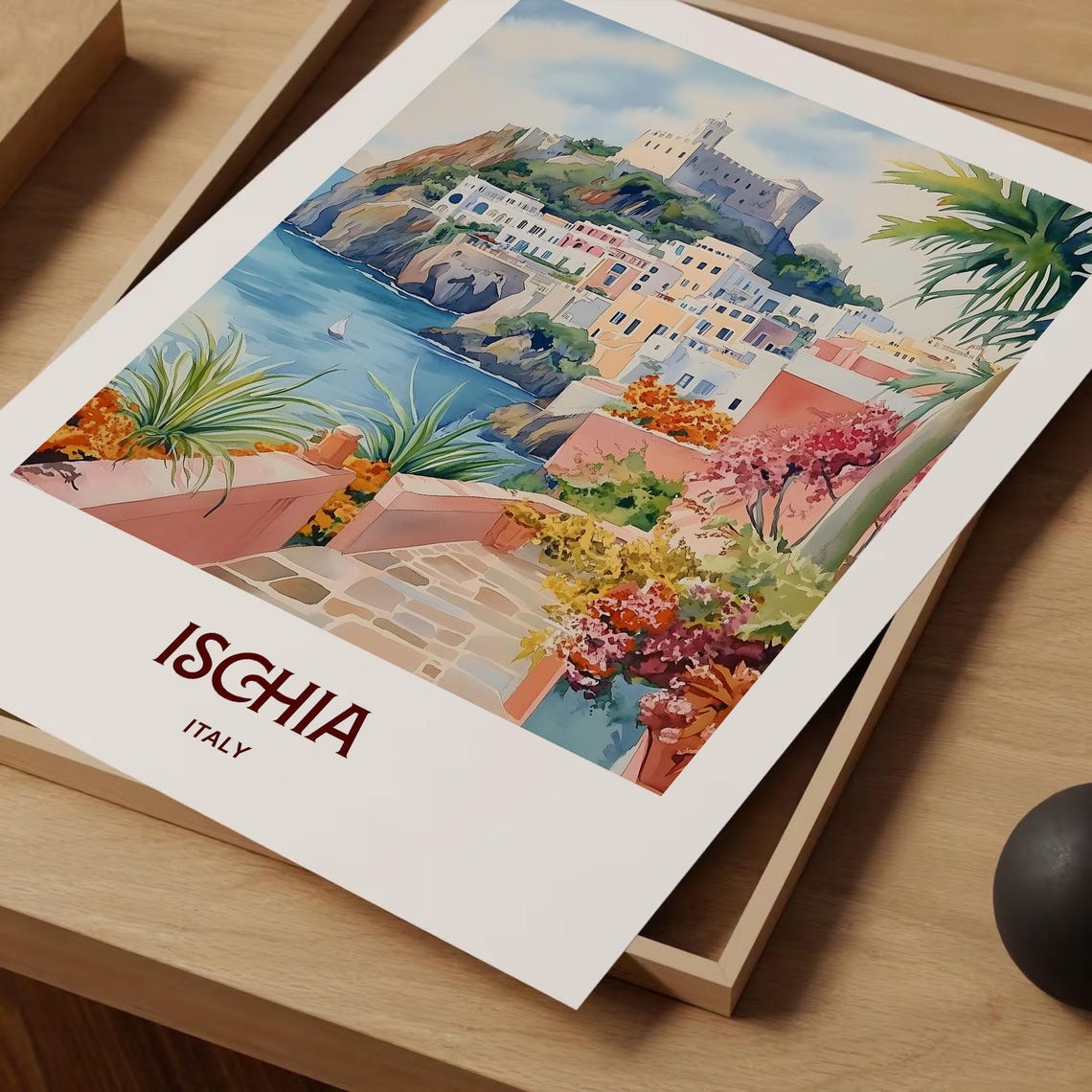 Ischia Italy Aragonese Castle Cliffside Watercolor Travel Poster - Image 2