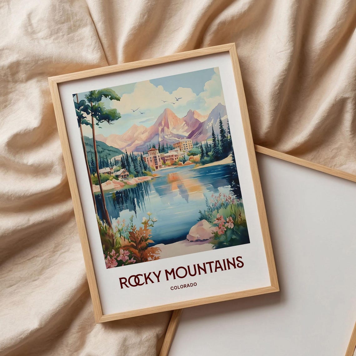 Rocky Mountains Colorado Lake Reflection Watercolor Peak Poster - Image 3