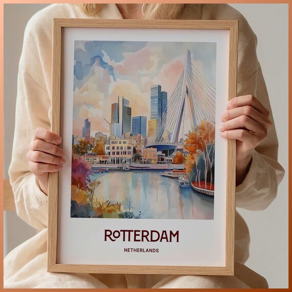 Rotterdam Netherlands Erasmus Bridge Skyline Watercolor Travel Poster