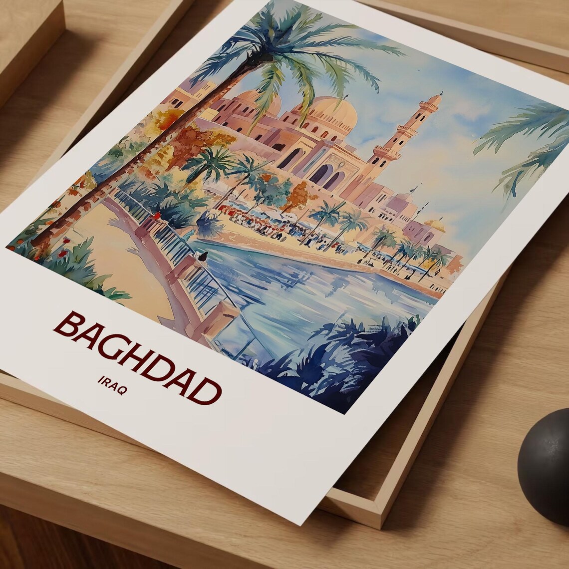 Baghdad Iraq Watercolor Mosque River Palms Riverside Promenade Art Poster - Image 2