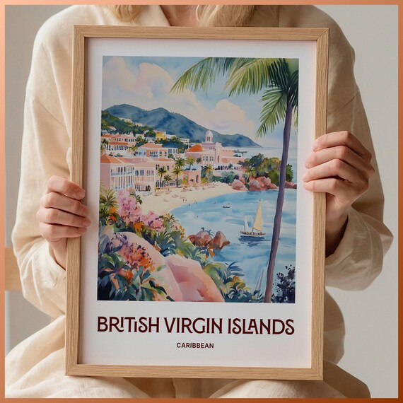 British Virgin Islands Caribbean Sailboat Beach Watercolor Island Poster