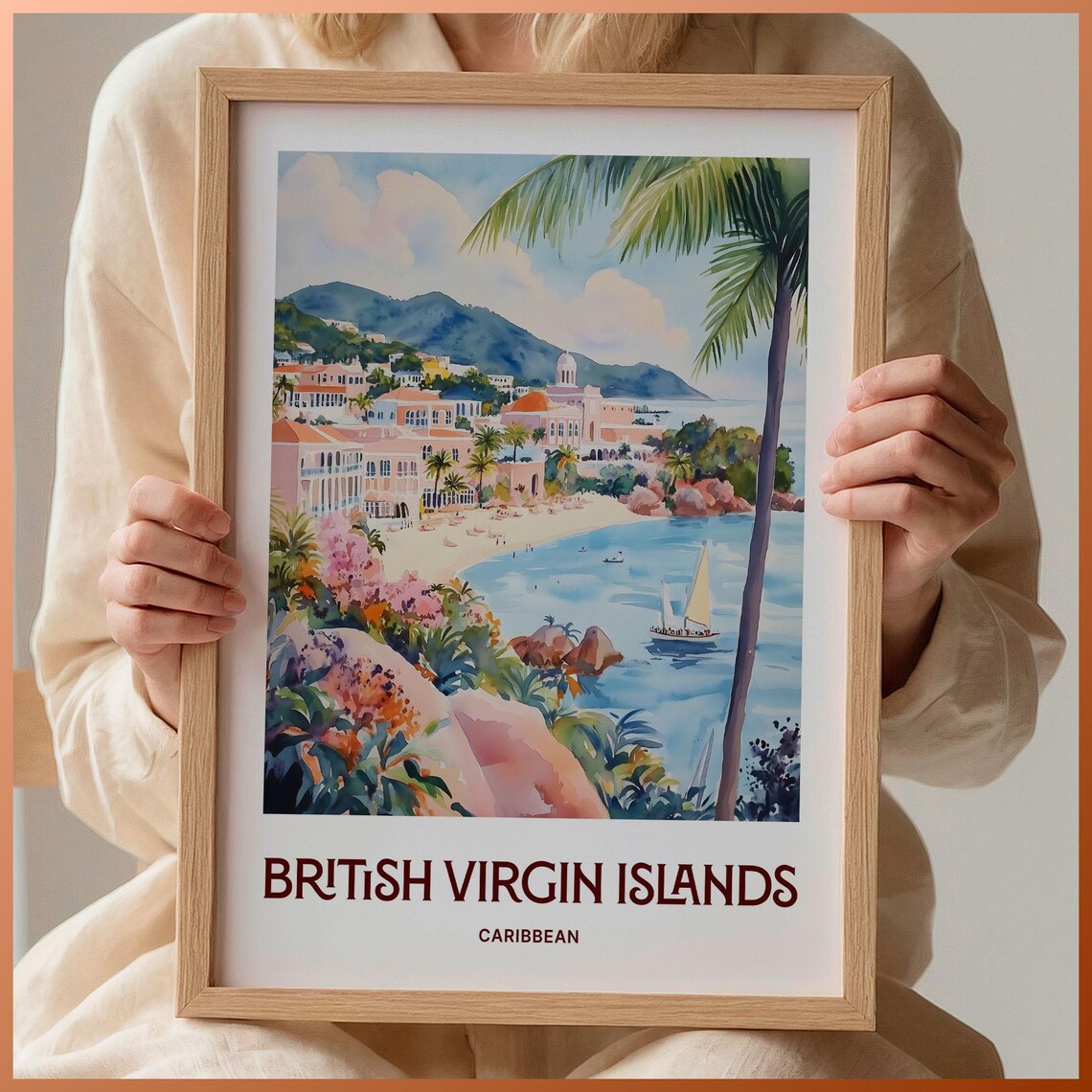 British Virgin Islands Caribbean Sailboat Beach Watercolor Island Poster
