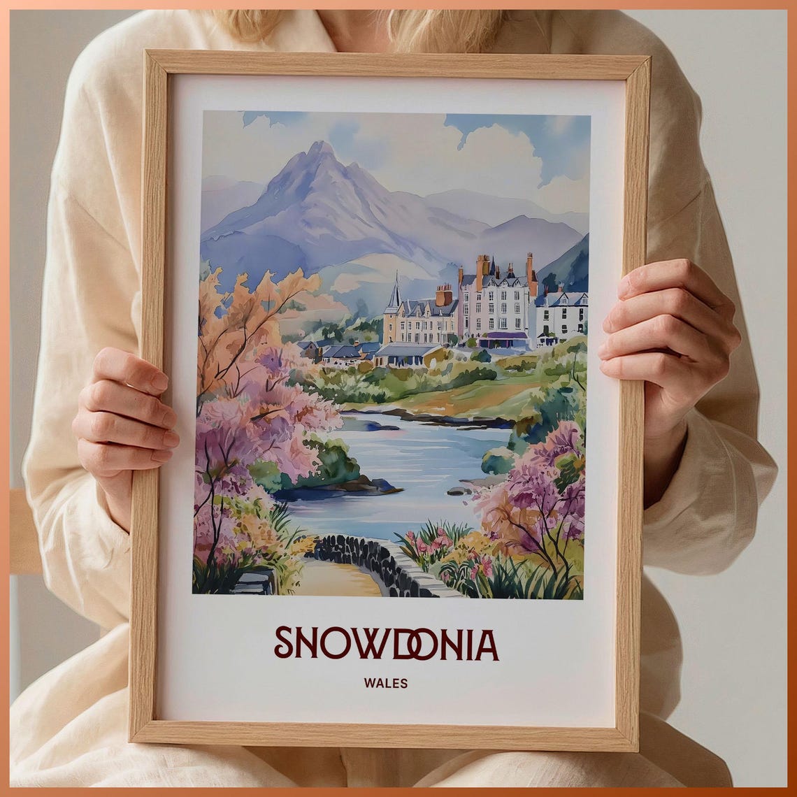 Snowdonia Wales Mountain Lake Spring Blossom Watercolor Travel Poster