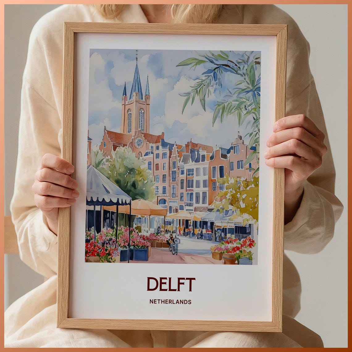 Delft Netherlands Historic Watercolor City Market Square Poster