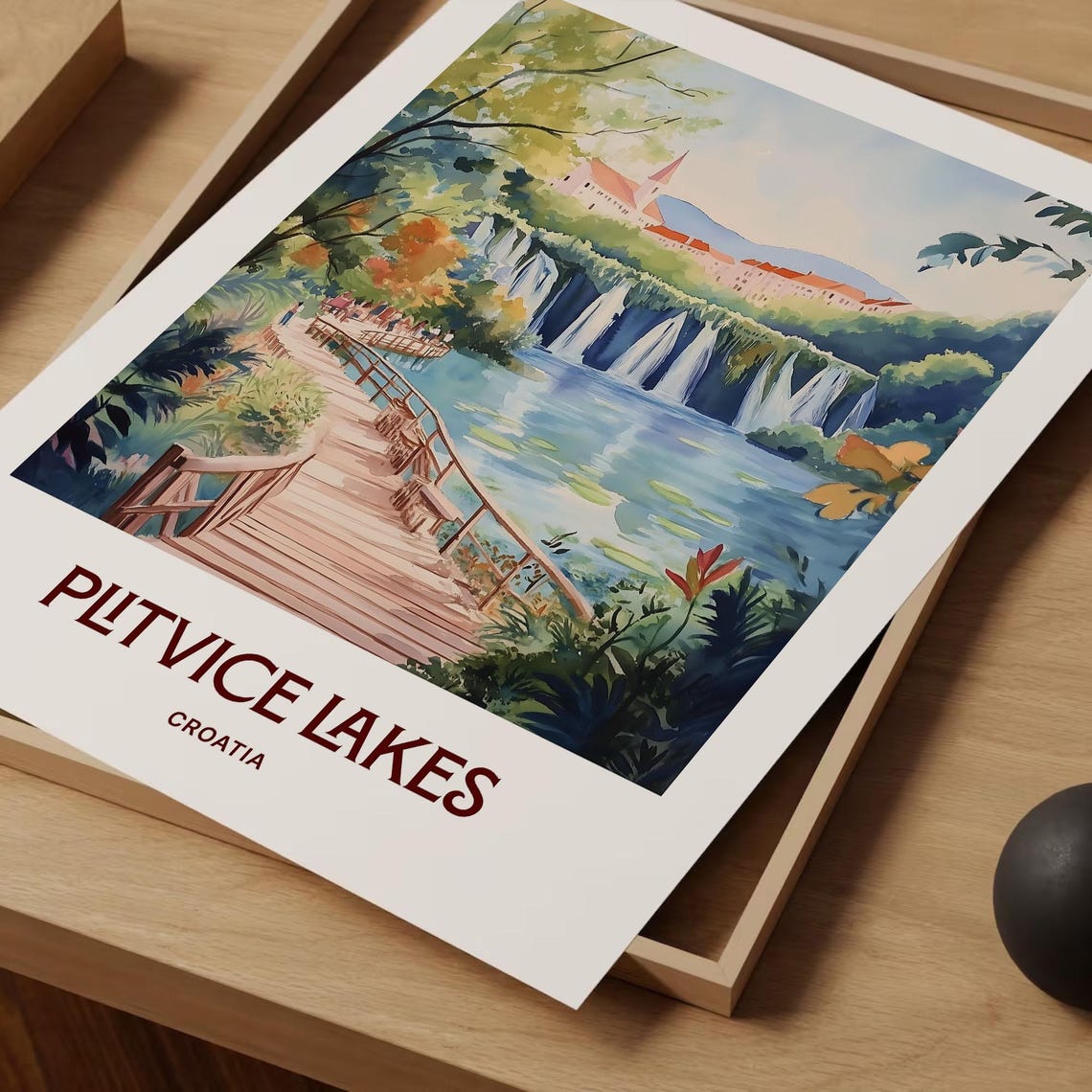 Plitvice Lakes Croatia Watercolor Waterfall Boardwalk Poster - Image 2