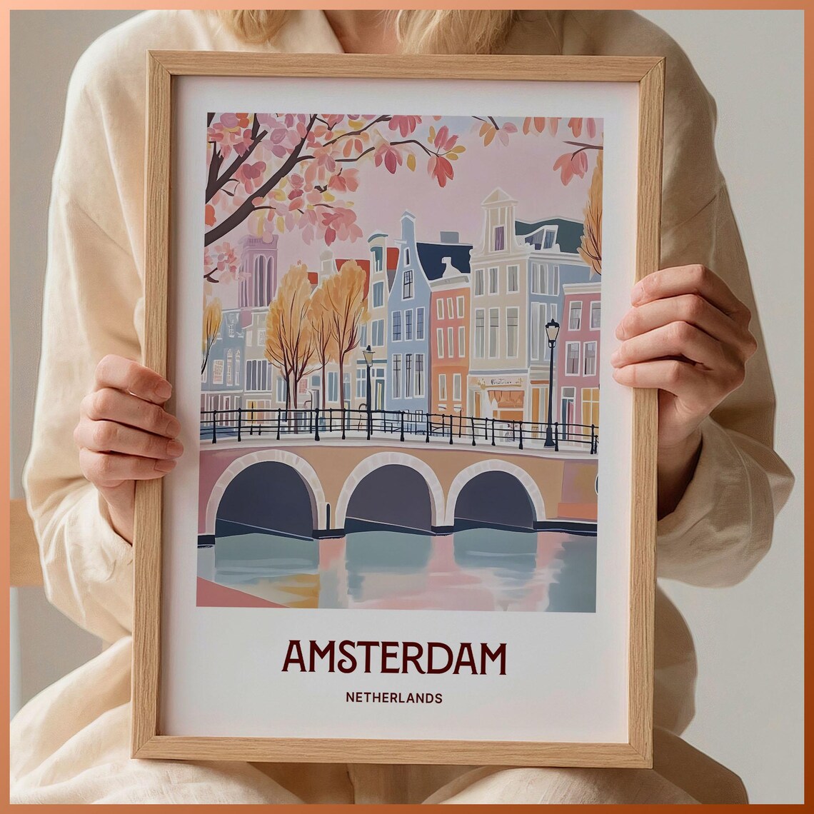 Amsterdam Netherlands Canal Bridge Gabled Houses Autumn Travel Poster