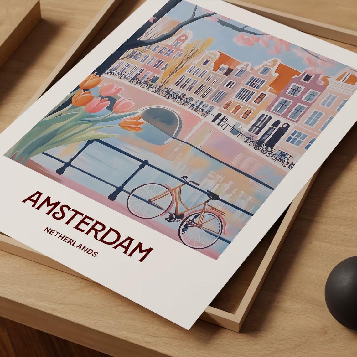 Amsterdam Netherlands Canal Tulip Bicycle Watercolor Travel Poster - Image 2