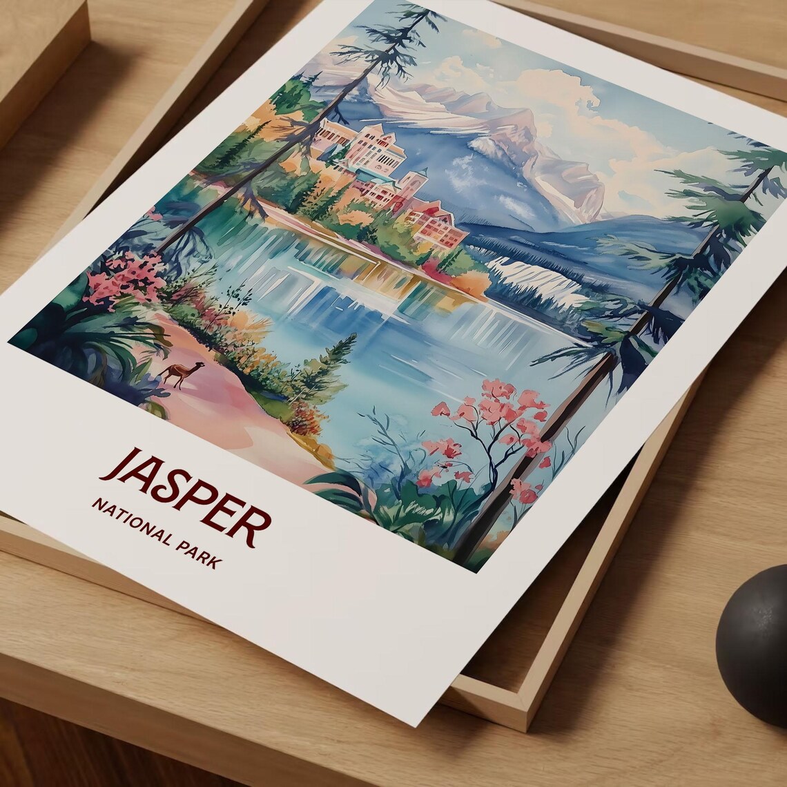 Jasper National Park Alpine Lake Watercolor Poster Mountain Lodge - Image 2