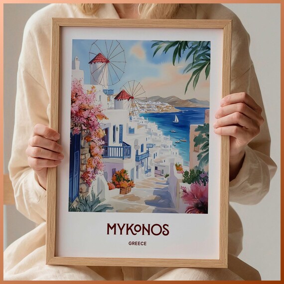 Mykonos Greece Windmills Whitewashed Town Watercolor Island Travel Poster