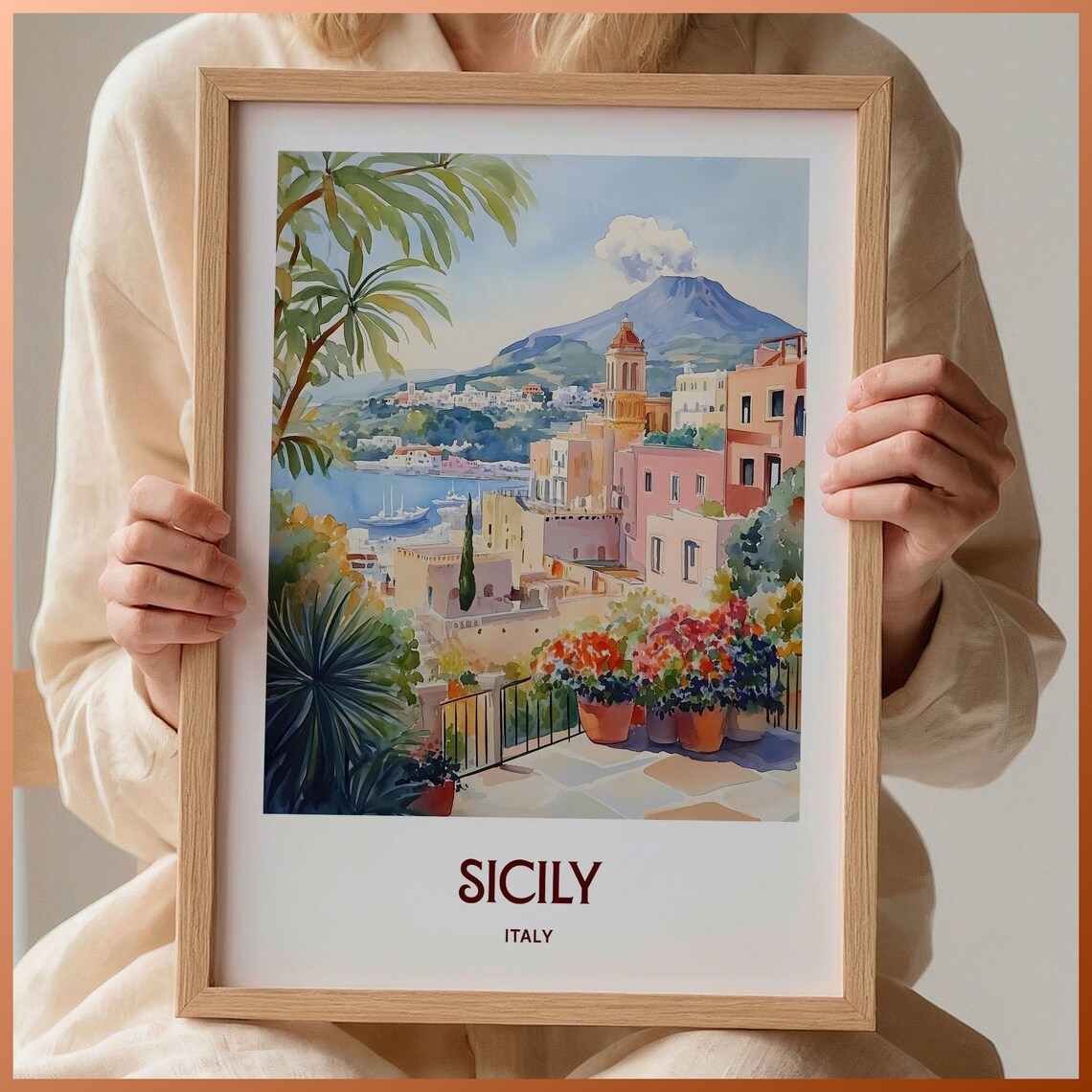 Sunlit Sicily Italy Coastal Town Volcano Watercolor Travel Poster