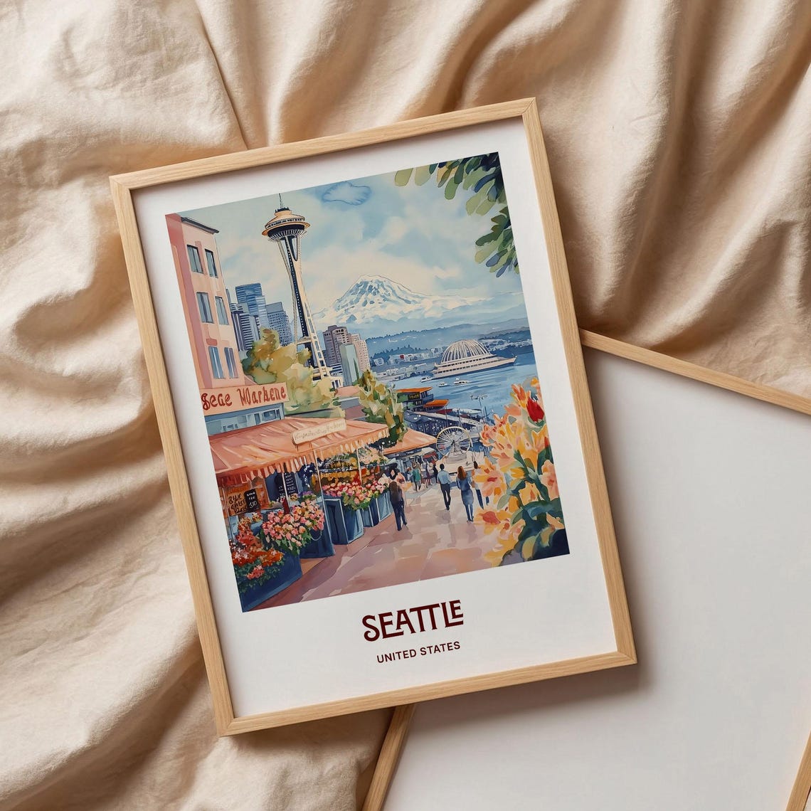 Seattle Pike Place Space Needle Rainier Watercolor Travel Poster - Image 3