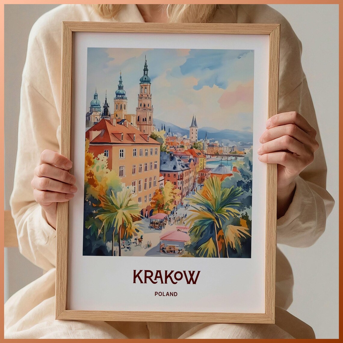 Krakow Old Town Church Domes Poland Watercolor Travel Poster