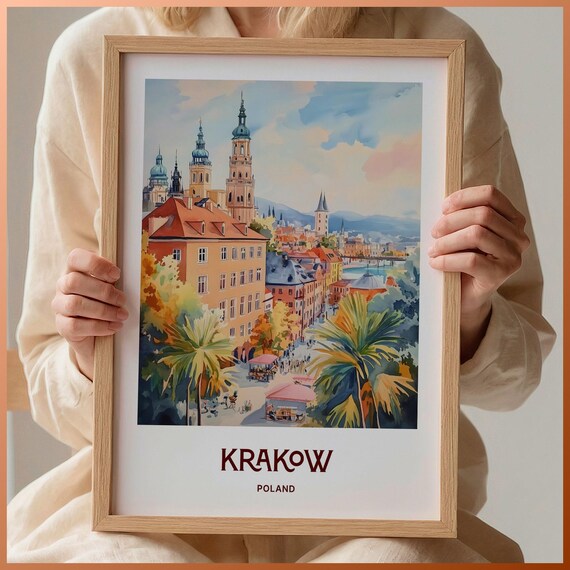 Krakow Old Town Church Domes Poland Watercolor Travel Poster