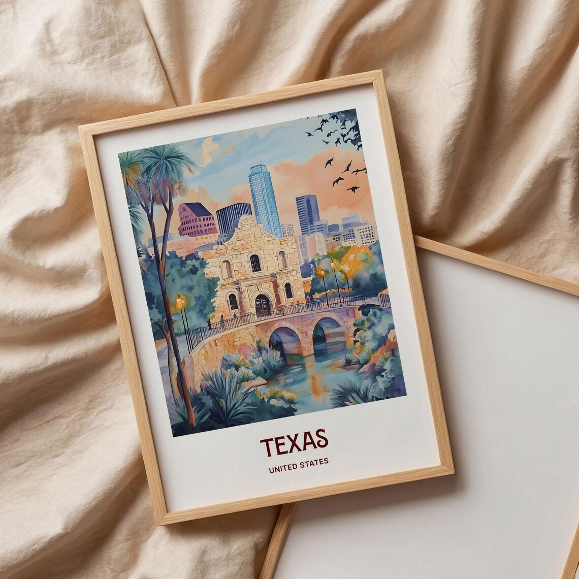 Texas Alamo Mission Bridge Downtown Skyline Watercolor Travel Poster - Image 3