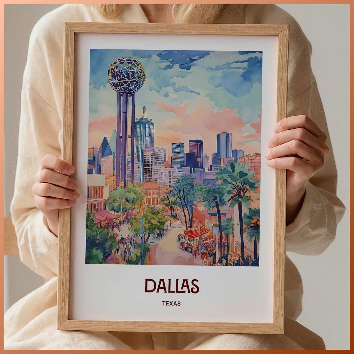 Dallas Texas Downtown Skyline Reunion Tower Watercolor City Poster