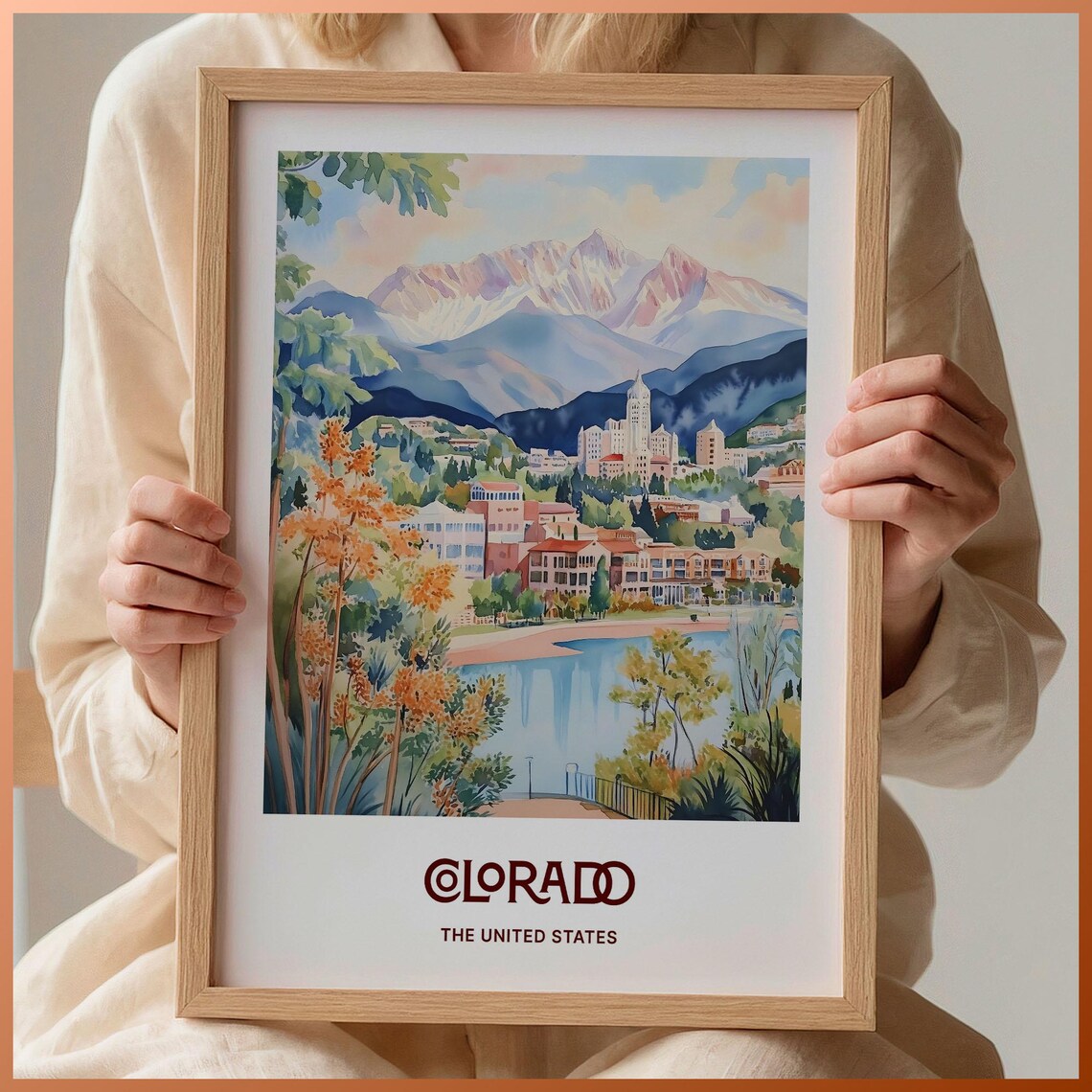 Colorado Mountain Resort Lake Peaks Watercolor Travel Poster USA