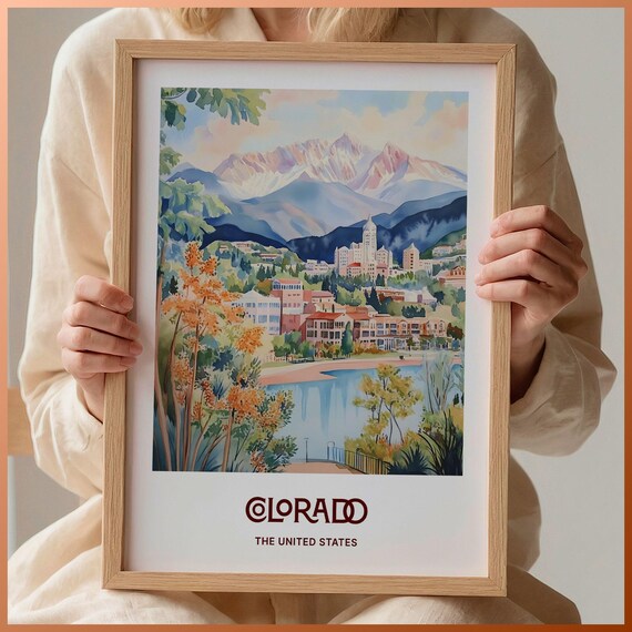 Colorado Mountain Resort Lake Peaks Watercolor Travel Poster USA
