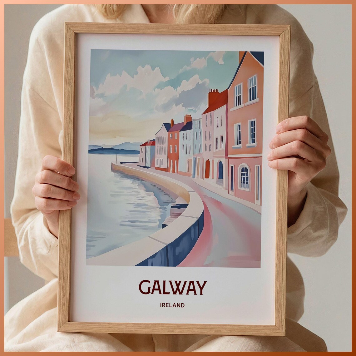 Galway Ireland Seafront Pastel Houses Harbor Travel Art Poster